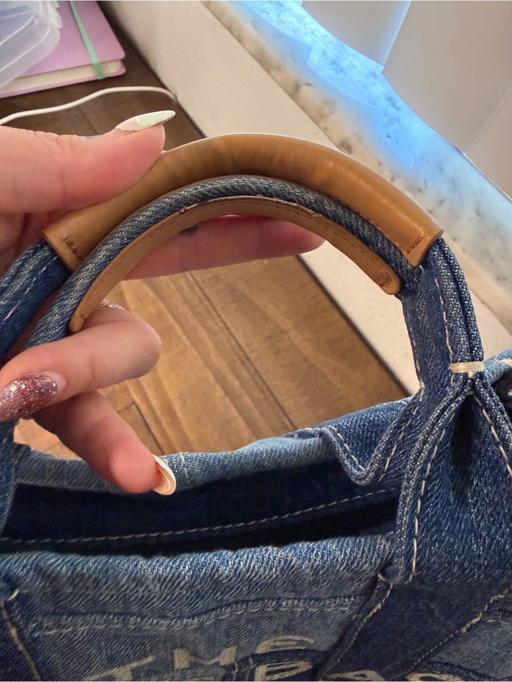 Marc Jacobs The Denim Tote Bag blue Jean white font small tote bag crossbody - Picture 7 of 13